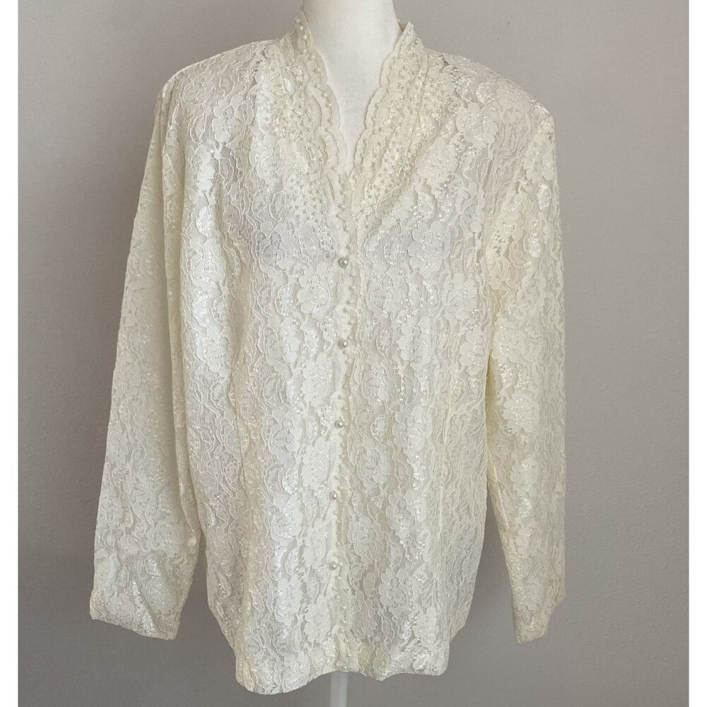 Karen Scott Jacket Large Ivory Lace Pearl Accents Scallop Front Button Up Jacket